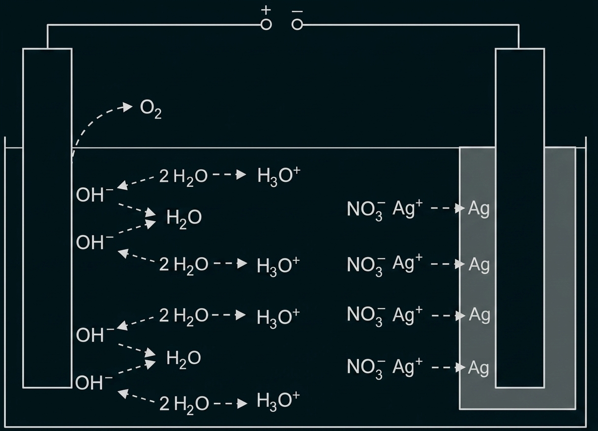 Schematisches Elektrolyse-Setup mit zwei Elektroden, Ag-Elektrode rechts, Ionentransport und O2-Bildung links.